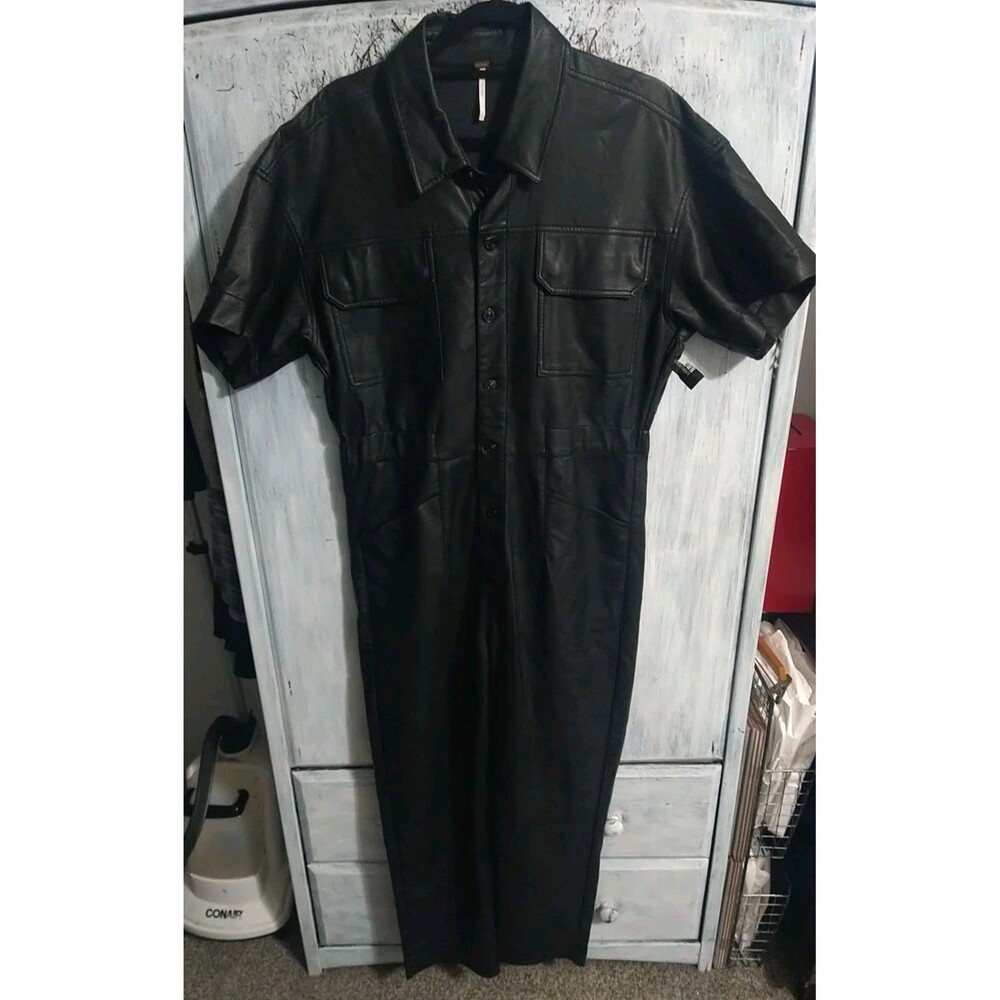 Free People Black Short-Sleeve Faux Leather Jumpsuit